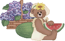 hydrangeas in a basket and bear holding a watermelon