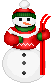 snowman in red sweater holding skis