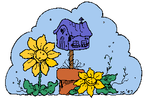 sunflowers by a blue birdhouse in front of a blue cloud