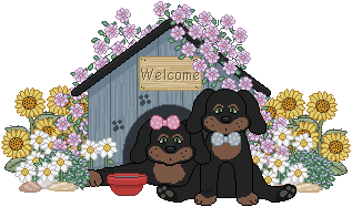 Welcome Jasmine!  (Welcome graphic with 2 puppies by a dog house surrounded by flowers)